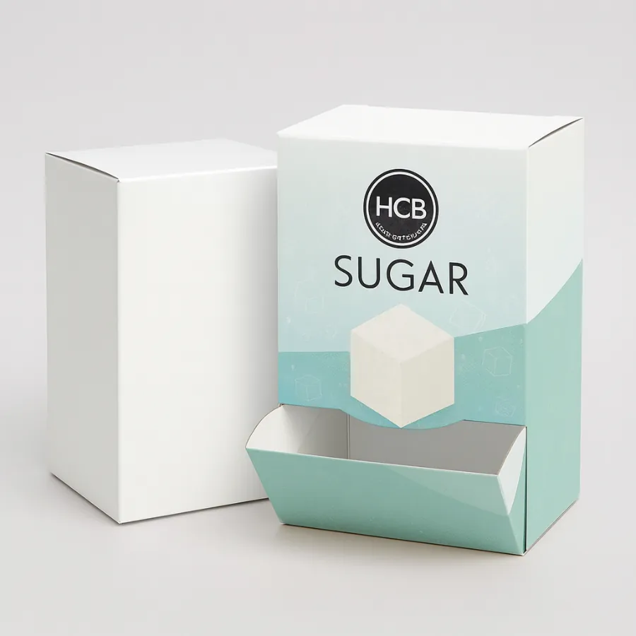 Bespoke sugar boxes including a branded dispenser box with a large sugar cube graphic and logo- class=